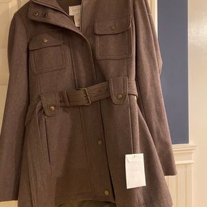 Light brown faux fur trimmed hooded belted jacket